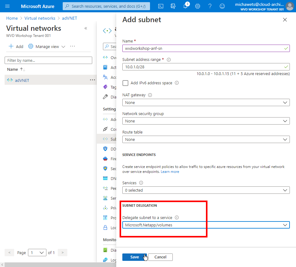 Create ANF delegated subnet