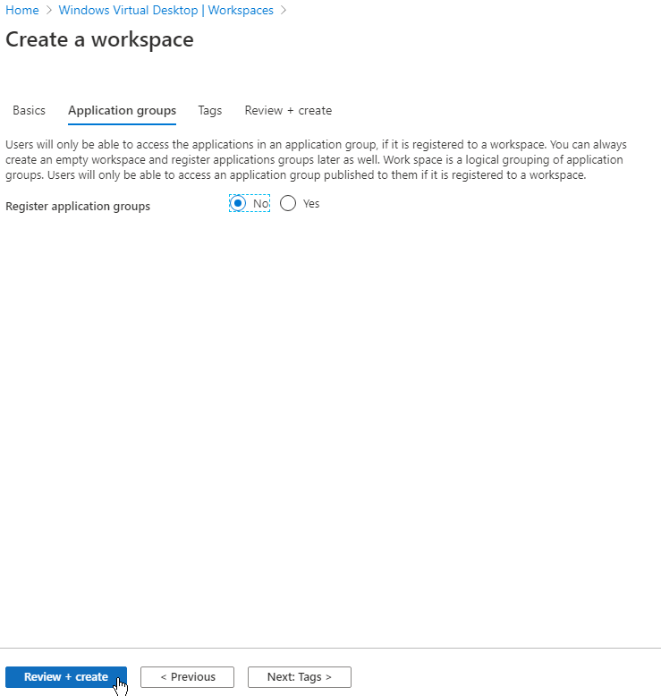 Create Workspace - ApplicationGroups